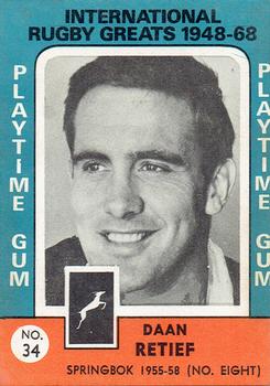 1968 Playtime Gum International Rugby Greats 1948-68 #34 Daan Retief Front